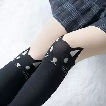 Для девочек Лоскутное стекло Животные Лолита Кошка Женские колготки Kawaii Колготки Корейские Длинные чулки чёрный