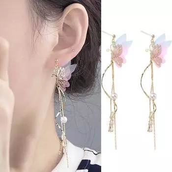 Для девочек полые жемчужины циркон женские серьги-гвоздики серьги-подвески корейские висячие серьги бабочка розовый