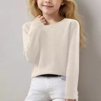 Для девочек с длинным рукавом и круглым вырезом трикотажный пуловер джемпер топы весенний базовый слой топ термобелье молодежное нижнее белье 8-16 лет 130 бежевый