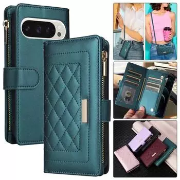 Для Google Pixel 9 Pro XL 8 8A 7 7A 6A ремешок через плечо кожаный кошелек на молнии отделения для карт чехол для телефона запястье веревка флип-подставка чехол Google Pixel 6A чёрный