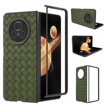 Для Honor Magic V3 5G Чехол Тканая Текстура Покрытый ПУ Кожей ПК Чехол для Мобильного Телефона Green