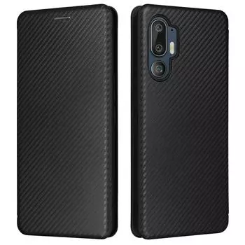 Для HTC U24 Pro 5G Чехол Подставка Держатель для карт Кожаный Чехол для телефона Текстура углеродного волокна Black