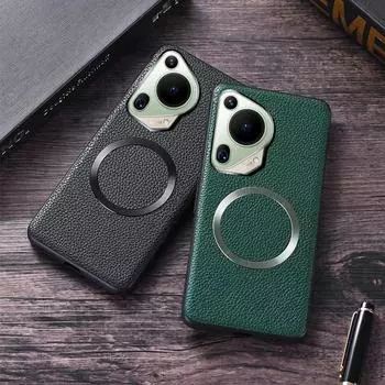 Для Huawei Pura 70 Ultra 70 Pro Plus Ультратонкий чехол из магнитной кожи с рисунком личи, противоскользящая задняя крышка для Pura 70 For Pura 70 Ultra чёрный