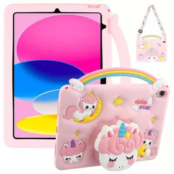 Для iPad (2025)/10.9 (2022) Чехол-ручка Единорог Выдвижная подставка Силиконовая накладка для планшета с плечевым ремнем A