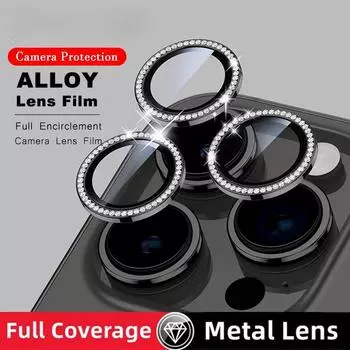 Для iPhone 11 12 13 14 15 16 Pro Max блестящий алмазный металлический защитный колпачок для объектива камеры с закаленным стеклом 11/11 Pro/11 Pro Max/12/12 Pro