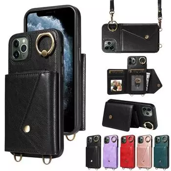 Для iPhone 11 серии. Для iPhone 11, 11 Pro, 11 Pro Max плечевой ремень веревка кольцо кронштейн дизайн держатель для карт слоты личи узор чехол для телефона iPhone 11 Pro Max чёрный