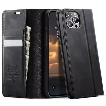 Для iPhone 12 Pro Max 6,7 дюйма Чехол CASEME Серия 033 Блокирующий RFID Кошелек-подставка Кожаный чехол для телефона с текстурой телячьей кожи Black