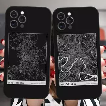 Для Iphone 13 11 12 14 Pro Max Mini Plus Xs Xr Черный чехол Россия Москва Путешествие Страна Город Эскиз Карта Силиконовый защитный чехол For 13 Pro Max
