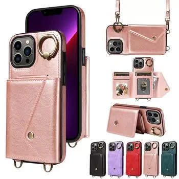 Для iPhone 13 серии. Для iPhone 13,13 Pro,13 Pro Max плечевой ремень веревка кольцо кронштейн дизайн держатель для карт слоты личи узор чехол для телефона iPhone 13 Pro Max чёрный