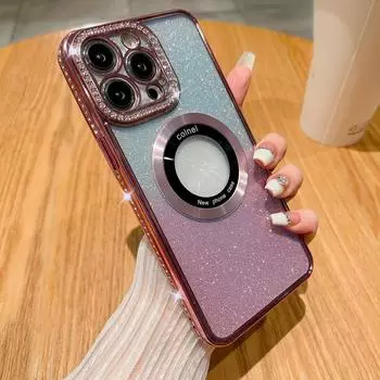 Для iPhone 14 13 12 Pro Max 11 градиент цвета ромбовидная рамка блестящий противоударный магнитный чехол для телефона Magsafe iPhone 14 Pro Max чёрный