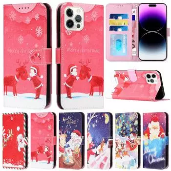 Для Iphone 14 Pro Max 13 12 11 Se 2022 2020 X Xr Xs Max 8 7 6 6s Plus Рождественский шелковый узор с рисунком кошелек-книжка из натуральной кожи iPhone 12 Mini