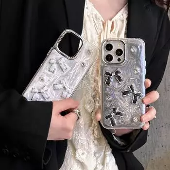 Для iPhone 15 14 13 12 11 Pro Max Plus чехол с бантом, стильный блестящий стереоскопический металлический противоударный защитный чехол со стразами TPU&For iPhone 12