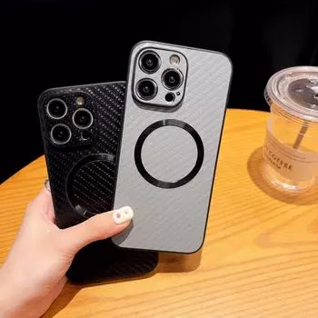 Для Iphone 15 14 13 12 Pro Max 11 Мягкий ТПУ с узором из углеродного волокна для Magsafe Магнитная беспроводная зарядка Противоударный защитный чехол для объектива iPhone 15 чёрный