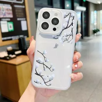 Для iPhone 15 14 13 Pro Max 12 Pro 11 Phone Cove противоударный мягкий силиконовый чехол из ТПУ с белым цветочным принтом iPhone 15 чёрный