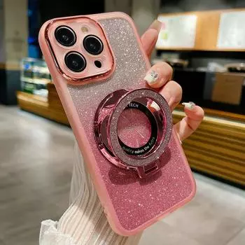 Для IPhone 15 14 13 Pro Max Кольцо-держатель Блестящий чехол из ТПУ Блестящий хромированный чехол из ТПУ с меньшей защитой для IPhone 12 11 Pro Max For iPhone 15 розовый