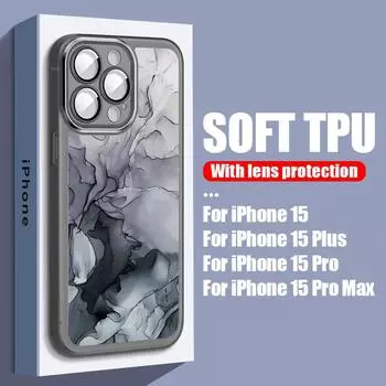 Для iPhone 15 14 Plus 13 12 Pro Max 11 чехол с мраморным узором и принтом, прозрачная защита линз, противоударный силиконовый мягкий чехол из ТПУ iPhone 15 белый