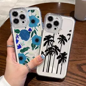 Для iPhone 16 15 14 Plus 13 12 Mini 11 Pro Max Xs Max Xr Xs 8 7 Plus Прозрачный ударопрочный силиконовый мягкий тонкий чехол с узором в виде цветка кокоса iPhone 15 синий
