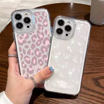 Для iPhone 16 15 14 Plus 13 12 Mini 11 Pro Max Xr Xs 8 7 Plus леопардовый принт бабочка узорчатый силиконовый мягкий чехол для телефона iPhone 15 розовый