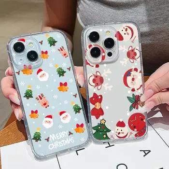 Для iPhone 15 14 Plus 13 12 11 Pro Max Xs Max Xr 8 7 прозрачный мягкий чехол из ТПУ с рисунком в виде рождественского Санта-Клауса и лося, противоударный защитный чехол для объектива iPhone 15