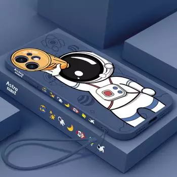 Для iPhone 16 Pro 15 14 Pro Max 13 12 Pro Max 12 11 XR XS 8 7 Astronaut Lanyard силиконовый мягкий чехол iPhone 13 чёрный