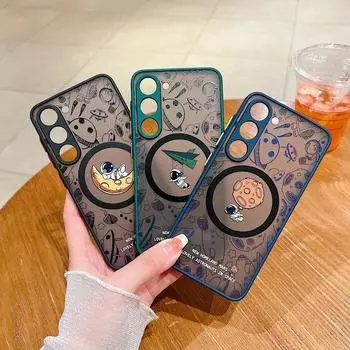 Для iPhone 15 14 Pro Max 13 12 Mini Astronaut Чехол для Magsafe Чехол для телефона с мультяшной росписью для Samsung S24 S23 + S22 Ultra S21FE iPhone 14 чёрный
