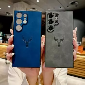 Для iPhone 16 Pro Max 15 14 Pro 13 12 11 Samsung S25 Ultra S24 FE S23 Plus S22 A56 A16 A55 A35 Роскошный кожаный противоударный чехол для телефона с рисунком оленя Samsung S22 коричневый