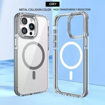 Для iPhone 15 14 Pro Max 13 Pro 12 11 Магнитный ТПУ для Magsafe Акриловый прозрачный противоударный чехол с металлическим каркасом iPhone 15 чёрный