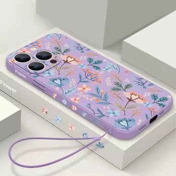 Для iPhone 15 14 Pro Max 13 Plus 12 Mini 11 8 7 чехол для телефона с цветочным принтом силиконовый ремешок из ТПУ противоударный жесткий защитный чехол iPhone 15 чёрный