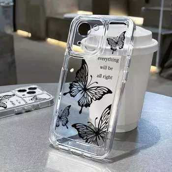 Для iPhone 15 14 Pro Max 13 12 Mini 11 Pro XR X XS Max 8 7 Plus чехол противоударный чехол с принтом бабочки прозрачный силиконовый мягкий чехол для телефона iPhone 15 чёрный