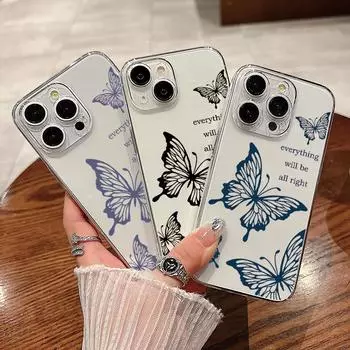 Для iPhone 15 14 Pro Max 13 12 Pro 11 чехол для телефона глянцевый противоударный чехол-бабочка из жесткого ПК тонкий прозрачный защитный чехол iPhone 15 чёрный