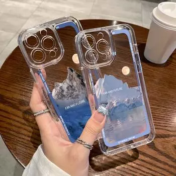 Для iPhone 15 14 Pro Max 13 Pro 12 Mini 11 XS XR 8 7 чехол для телефона противоударный глянцевый силиконовый тонкий мягкий чехол с рисунком снежных гор iPhone 15 фиолетовый