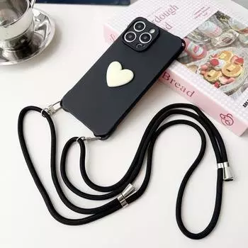 Для iPhone 15 14 Pro Max 13 12 Pro 11 чехол с 3D сердцем, мягкий противоударный чехол из ТПУ, защита линз, длинный ремешок, чехол для телефона iPhone 15 чёрный