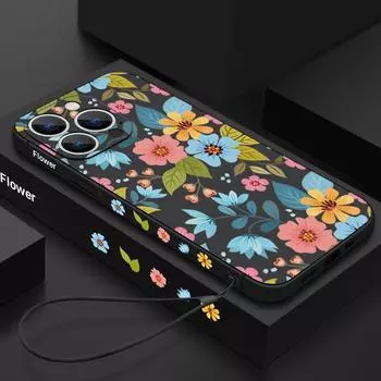 Для iPhone 15 14 Pro Max 13 12 mini 11 XS XR 8 7 Plus чехол для телефона противоударный цветочный принт тонкий мягкий чехол из ТПУ на шнурке iPhone 15 чёрный