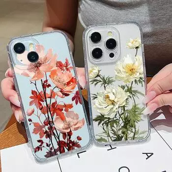 Для iPhone 15 14 Pro Max Plus 13 12 11 Pro Max Xr Xs Max X 8 7 Plus цветочный узор прозрачный TPU мягкий защитный тонкий чехол iPhone 15 розовый