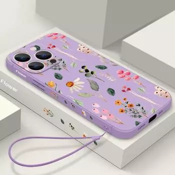 Для iPhone 16 Pro 15 14 Pro Max Plus 13 12 Mini 11 Pro Max Xr X Xs 8 7 Plus ремешок из ТПУ с цветочным узором защита объектива тонкий чехол iPhone 15 чёрный