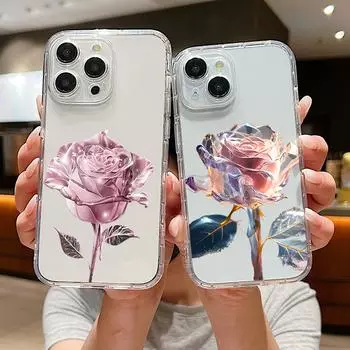 Для iPhone 15 14 Pro Max Plus 13 12 11 Pro Max Xs X 8 7 Plus Узор из розового цветка противоударный мягкий прозрачный тонкий защитный чехол для объектива телефона iPhone 15 розовый