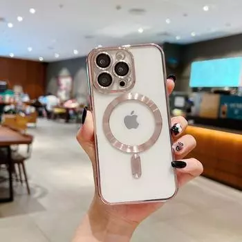 Для iPhone 15 14 Pro Max Роскошный чехол Magsafe с магнитным покрытием, прозрачный чехол для телефона для iPhone X XS 11 12 13 14 Plus, защитный чехол iPhone 14 Plus розовый