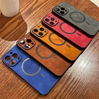 Для iPhone 16 15 Pro Max 14 13 12 11 Samsung S24 FE S23 S22 Ultra Skin Feeling Elk Pattern кожаный чехол для Magsafe Magnetic Shockproof Hybrid Cover iPhone 14 синий