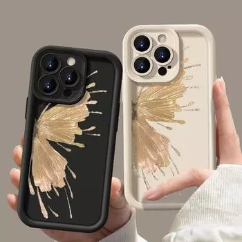 Для iPhone 16 Pro Max 15 14 Pro 13 12 11 XR XS 8 7 чехол позолоченный бабочка противоударный матовый силиконовый мягкий чехол для телефона TPU iPhone 15 чёрный