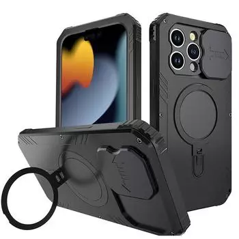 Для iPhone 15 Pro Max 15 Plus чехол для телефона с тремя защитными линзами, магнитным кронштейном, металлическим чехлом для защиты от ударов и износа For iphone 15 чёрный