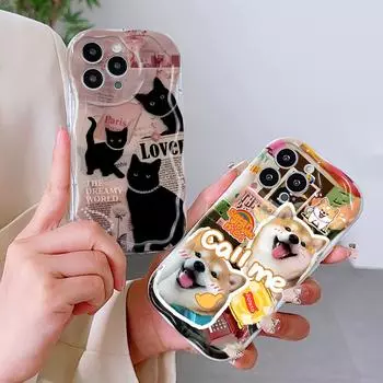 Для iPhone 16 15 14 13 12 Pro Max Samsung S24 Ultra S23 S22 Plus Redmi Note 13 Pro милый чехол для защиты линз с изображением собаки и кошки, кремовая текстура, мягкий силиконовый чехол iPhone 15 чёрный