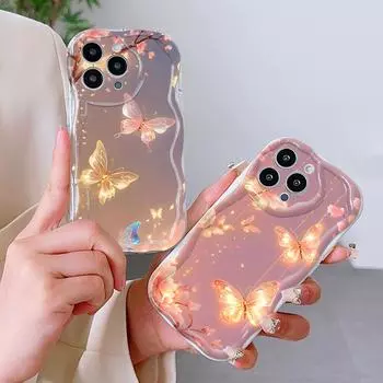 Для iPhone 16 15 14 13 12 Pro Max Samsung S24 Ultra S23 S22 Plus Redmi Note 13 Pro чехол с рисунком в виде цветов и бабочек и мягким волнистым краем