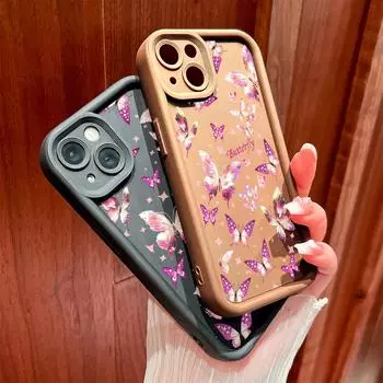 Для iPhone 16 15 14 13 12 11 Pro Max XS Max XR X SE 8 7 красочный узор бабочек мягкий силиконовый полный защитный чехол для телефона объектив iPhone 14 Plus коричневый