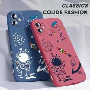 Для iPhone 16 15 14 13 12 Pro Max 13 12 Mini 14 15 16 Plus SE Мультяшный Ракета Астронавт Боковой Дизайн Мягкий Полный Линзы Защитный Чехол iPhone 15 Pro фиолетовый
