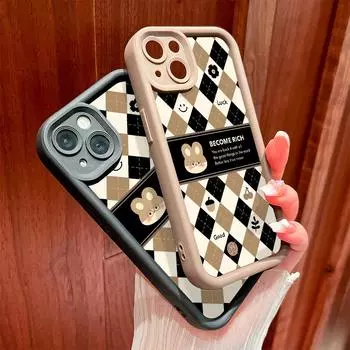 Для iPhone 16 15 14 13 12 11 Pro Max XS Max XR X SE 8 7 мягкий силиконовый милый кролик и ромбовидный узор полный объектив защитный чехол для телефона чехол iPhone 14 Pro Max чёрный