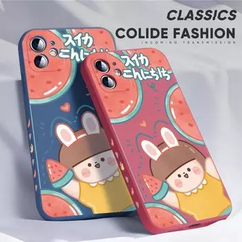 Для iPhone 16 15 14 13 12 Pro Max 13 12 Mini 14 15 16 Plus SE милый мультяшный рисунок девушки-арбуза мягкий защитный чехол для всей линзы iPhone 11 небесно-голубой