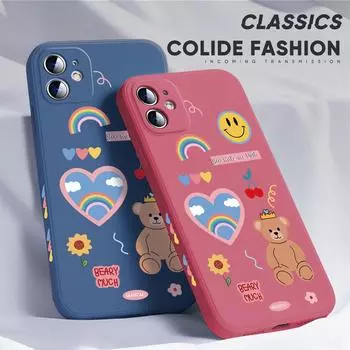 Для iPhone 16 15 14 13 12 Pro Max 13 12 Mini 14 15 16 Plus SE красочный мультяшный медведь дизайн боковой узор мягкий полный объектив защитный чехол iPhone 11 Pro серый
