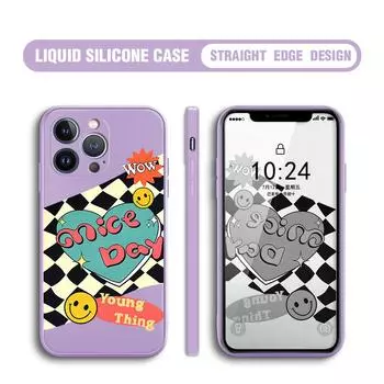 Для iPhone 16 15 14 13 12 Pro Max 13 12 Mini 14 15 16 Plus SE 2020 SE 2022 мультяшный клетчатый чехол с изображением смайла Love Liquid Silicone Full Lens Protective Phone Case iPhone 13 Pro фиолетовый