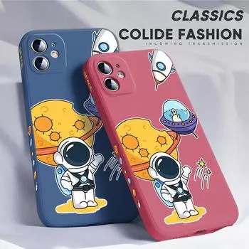 Для iPhone 16 15 14 13 12 Pro Max 13 12 Mini 14 15 16 Plus SE Мультяшный Луна Космос Астронавт Боковой Узор Дизайн Мягкий Полный Линзы Защитный Чехол iPhone 13 Pro Max светло-зеленый