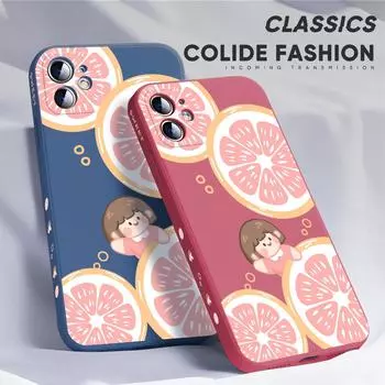 Для iPhone 16 15 14 13 12 Pro Max 13 12 Mini 14 15 16 Plus SE Мультяшный грейпфрут Девушка Дизайн Боковой Узор Мягкий Полный Защитный Чехол для Объектива iPhone 14 Plus фиолетовый